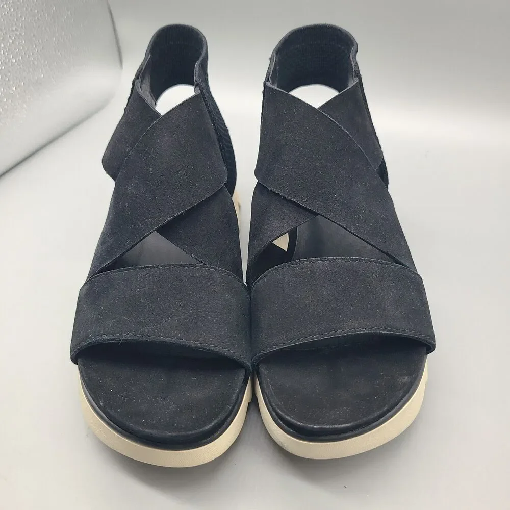 Eileen Fisher Chant  Black Leather/ Mesh Platform Wedge Sandal Sz 7.5 floor pair